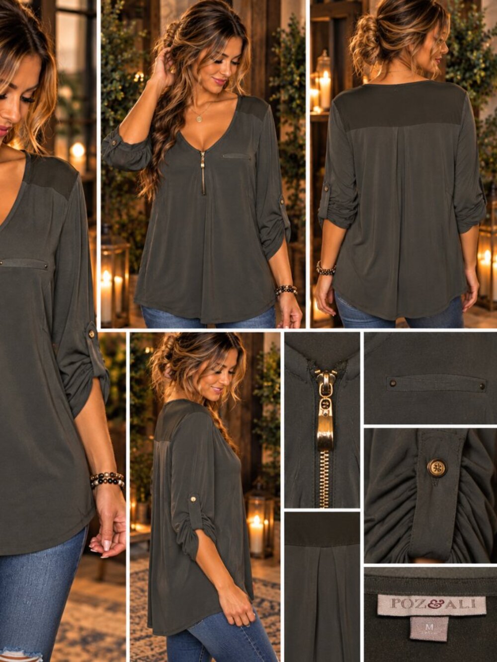 114 Roz & Ali Olive Green Zip Blouse Size M Roll Tab Sleeve - Picture 2 of 8